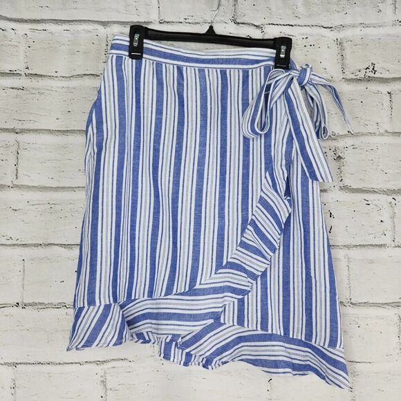 Loft Wrap Tie Knee Length Skirt Rayon Linen Blue White Striped Women's Size 8 - Picture 6 of 13